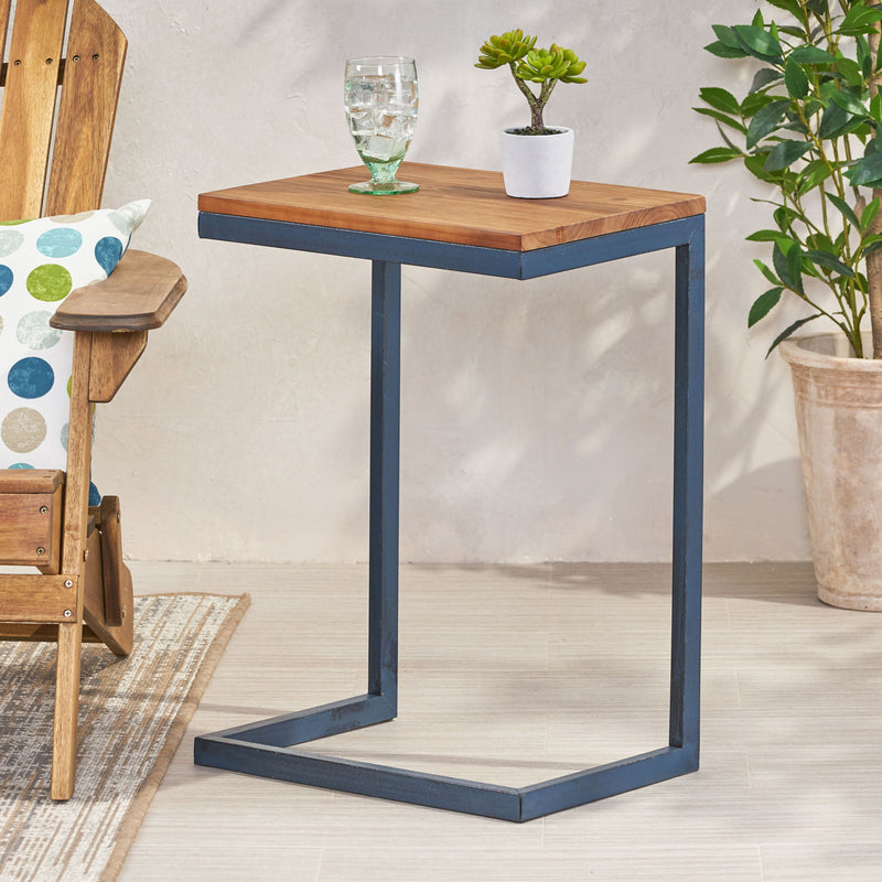 Noble House C-shaped end table with iron base and fir wood top, designed as a stylish chair side table.