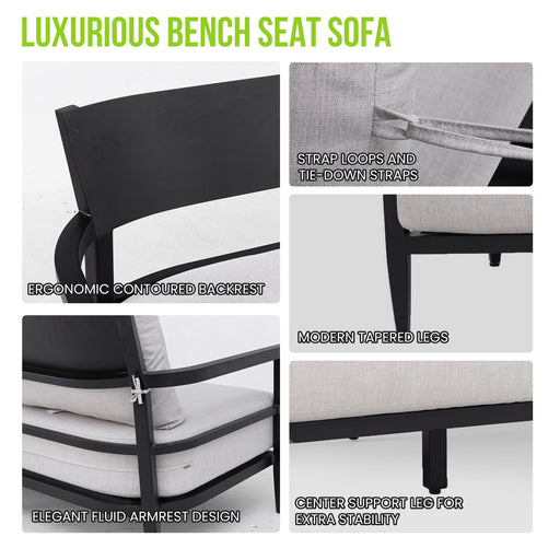 Outdoor Life Outside sofa with Ember Black weather-resistant frame and Sunbrella cushion, ideal for patio seating.
