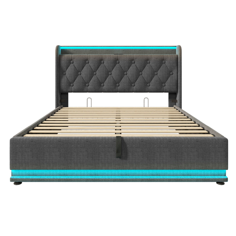 Upholstered Bed, 360 Surround LED Function, Remote Control, Hydraulic Storage Bed With USB, Type-C Charging (Without Mattress)