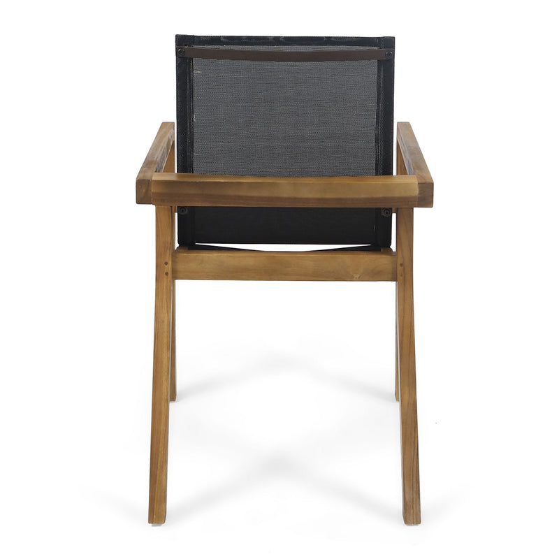 Set of two Noble House Belfast dining chairs with acacia wood frames and cushioned seats, showcasing elegant natural wood and upholstery.