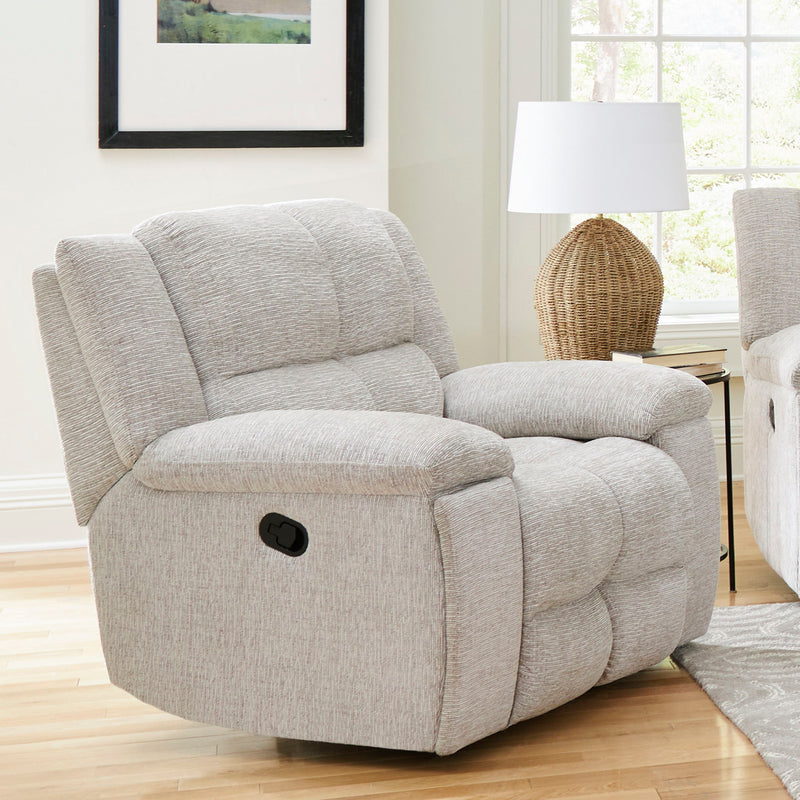 Parker Living Buster recliner chair set with plush cushioned seats and wooden armrests, in a cozy living room setting.