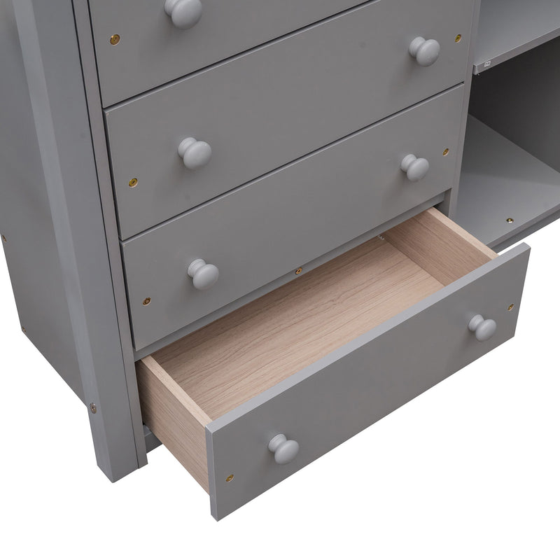 DreamHaus bunk bed with six drawers, flexible shelves, and a bottom bed on wheels, ideal for versatile children's bedroom storage