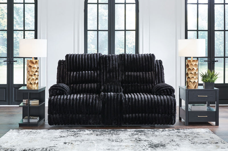 Rhine Falls - Double Reclining Power Loveseat With Console - Onyx - R&R Furniture Gallery (Fountain Valley, CA)
