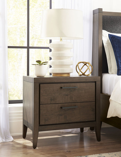 Modus Boracay nightstand in Wild Oats Brown with two drawers and USB charging port, standalone bedroom furniture piece.