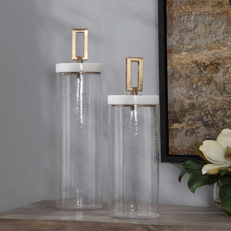 Set of two Uttermost Hayworth seeded glass containers with white finish, decorative vases and jars for home decor.