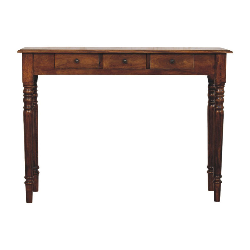 Artisan Furniture turned legs drawer console table with wooden finish, featuring a sleek design and multiple drawers for storage.