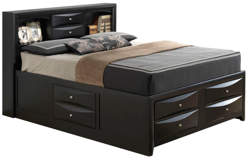 Modern storage bed with bookcase headboard by Glory Furniture, featuring sleek design and built-in shelving for bedroom organization.