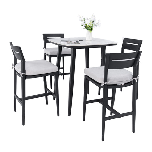 Modern Outdoor Patio Bar Set, Rounded Square Table & Bar Chairs, Non Rust Frame, Tapered Legs, Sunbrella Cushion - R&R Furniture Gallery (Fountain Valley, CA)