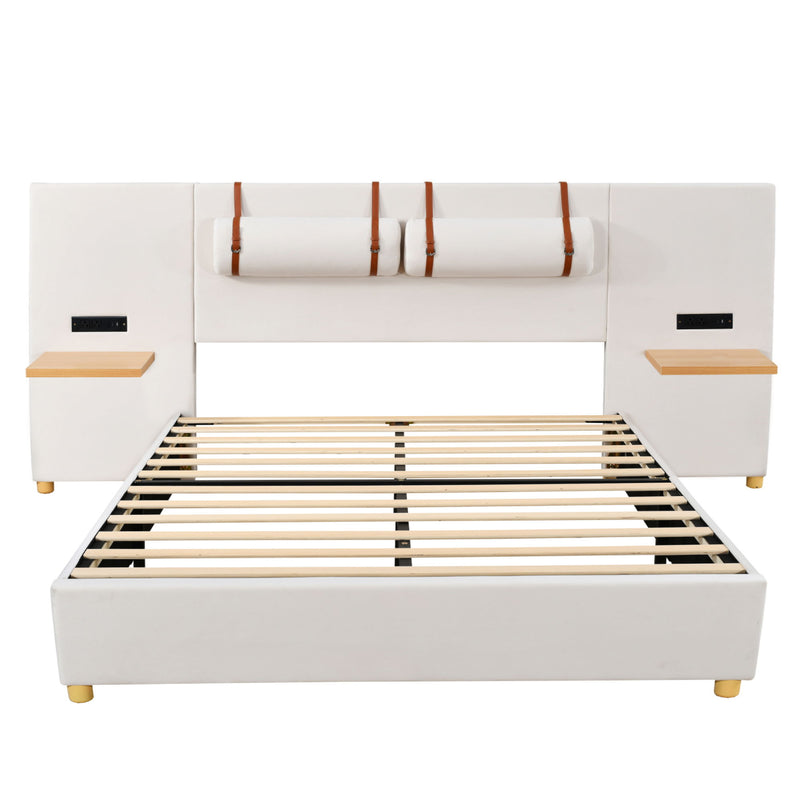 Upholstered Platform Bed, 2 Outlets And USB Charging Ports On Both Sides, 2 Bedside Pillows, Storage Shelves - R&R Furniture Gallery (Fountain Valley, CA)