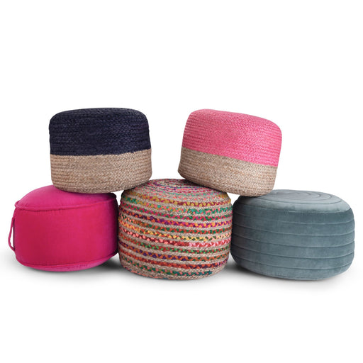 Simpli-Home Lydia handcrafted round accent pouf with textured fabric and soft padding, ideal for living room or bedroom decor.