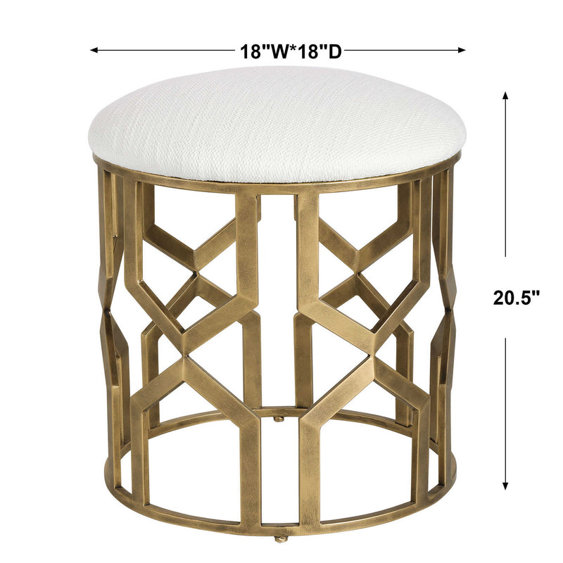 White and gold geometric accent stool by Uttermost featuring a trellis design and modern decorative style.