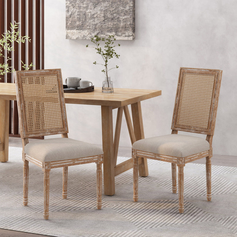 French Country Dining Chair With Rectangular Cane Backrest And Smooth Upholstered Seating - R&R Furniture Gallery (Fountain Valley, CA)