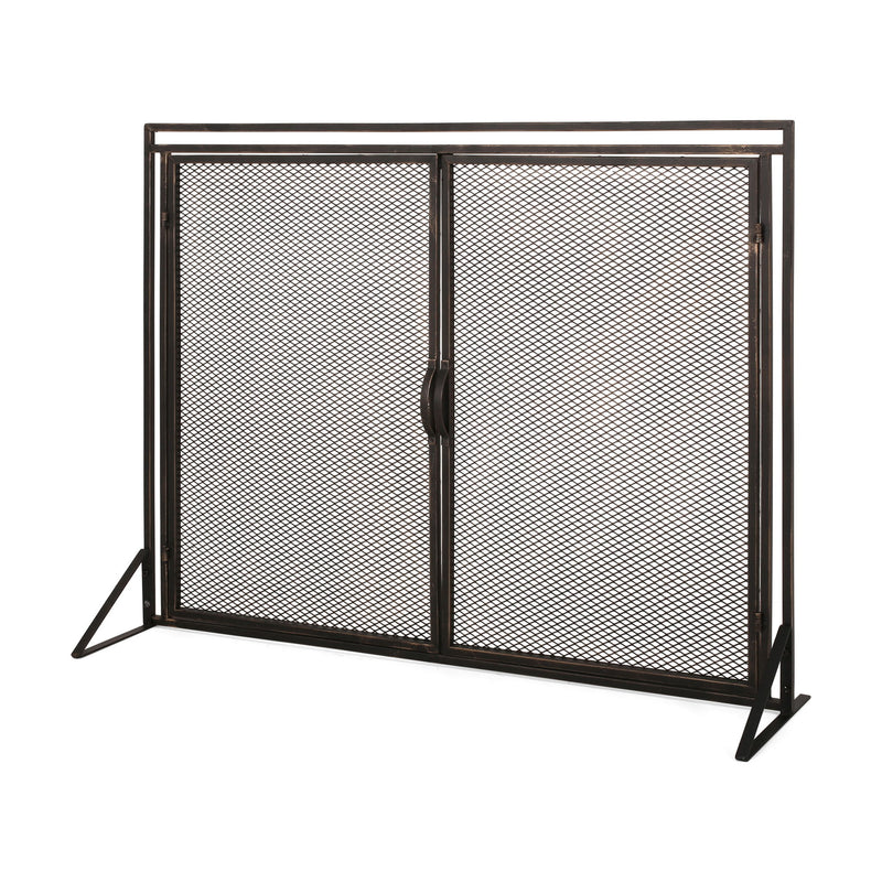 Noble House Samantha iron fireplace screen with two door design, decorative metal frame and mesh panels for fireplace safety.