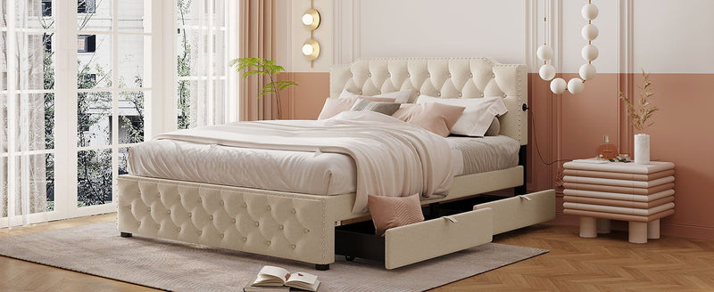 Upholstered Platform Bed With 2 Drawers And 2 Sets Of USB Ports On Each Side, Fabric - R&R Furniture Gallery (Fountain Valley, CA)