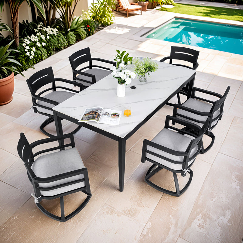 Modern Outdoor Patio Dining Set With Table And Chairs With Sunbrella Cushions - R&R Furniture Gallery (Fountain Valley, CA)