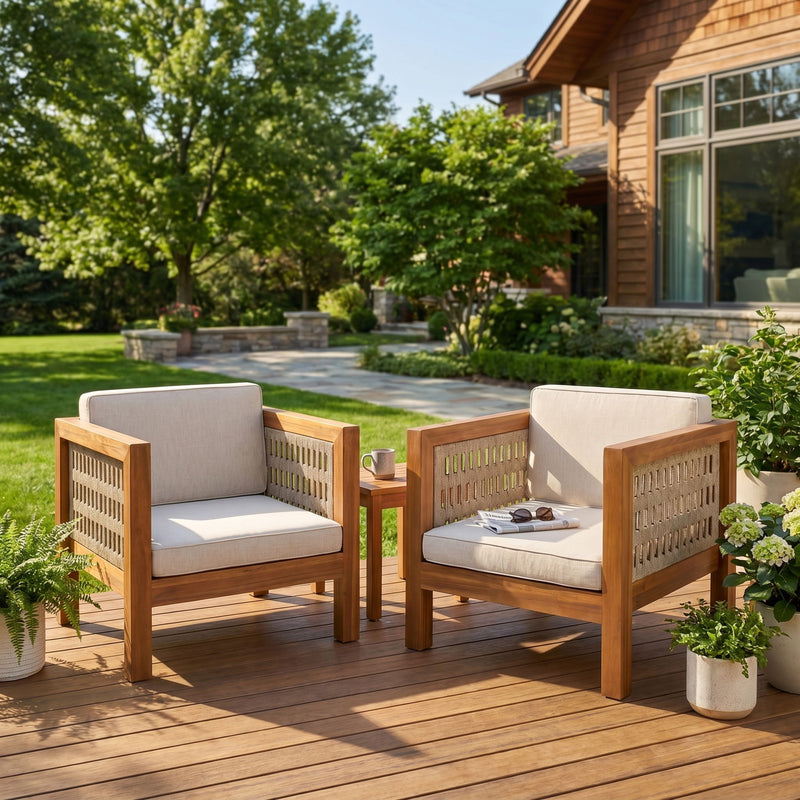 Noble House outdoor club arm chair with rope armrests and cushions, perfect for patio or garden seating.