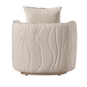 Michael Amini Gineverra accent arm chair in Biscotti and Ivory Gold fabric with elegant curved design and gold accents.
