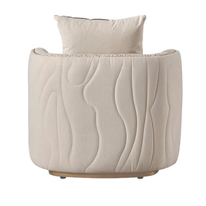 Michael Amini Gineverra accent arm chair in Biscotti and Ivory Gold fabric with elegant curved design and gold accents.