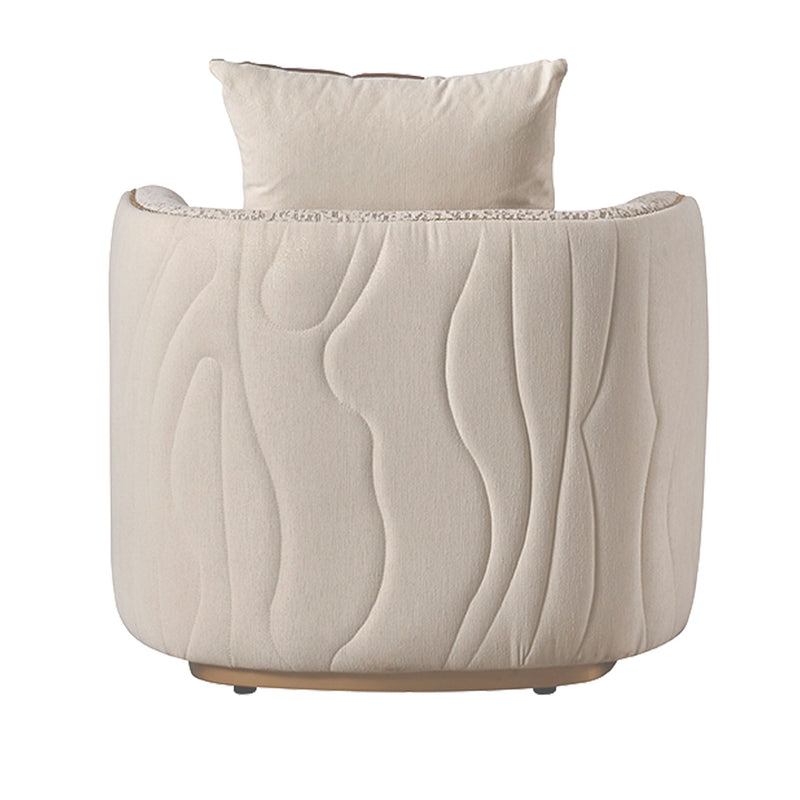 Michael Amini Gineverra accent arm chair in Biscotti and Ivory Gold fabric with elegant curved design and gold accents.