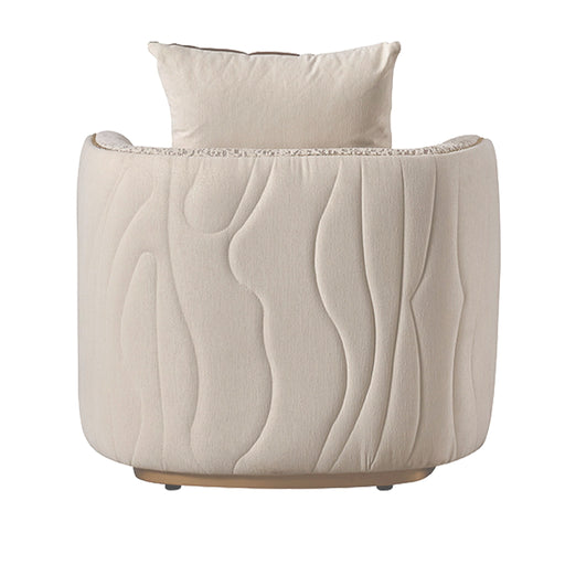 Michael Amini Gineverra accent arm chair in Biscotti and Ivory Gold fabric with elegant curved design and gold accents.