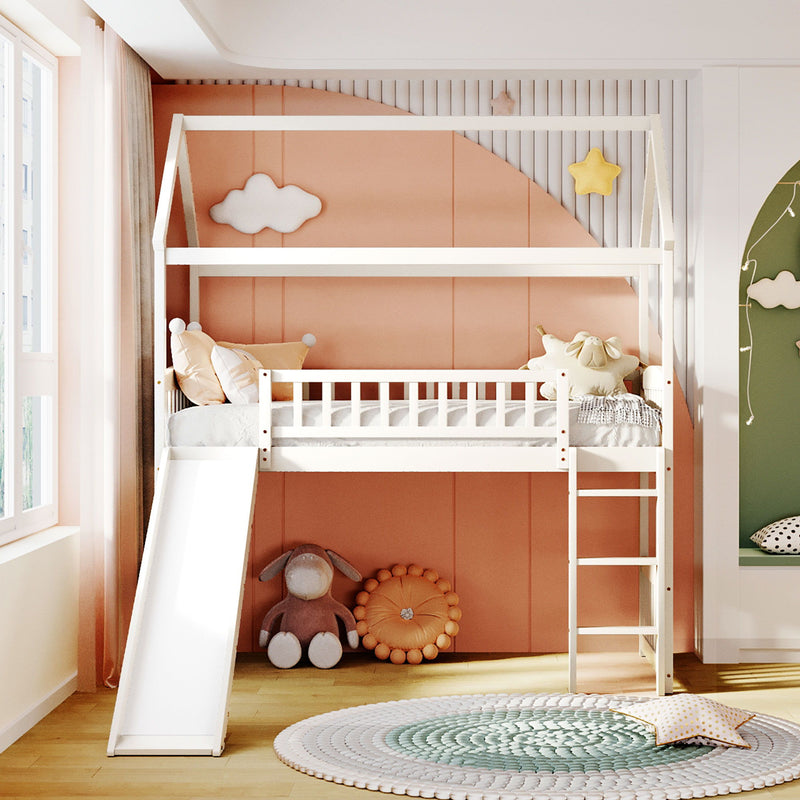 DreamHaus loft bed with built-in slide, featuring a sturdy wooden frame, safety rails, and a fun slide for kids' bedroom decor.