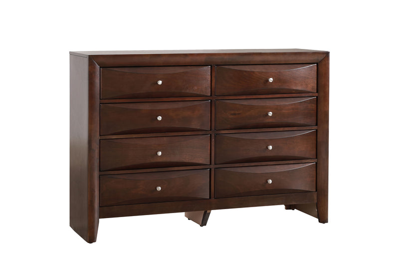 Glory Furniture Marilla dresser with multiple drawers, dark wood finish, and sleek modern design for bedroom storage.