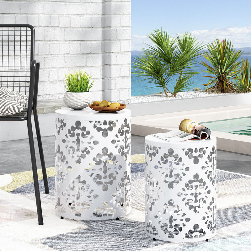 Modern outdoor metal end table by Noble House featuring a sleek, minimalist design suitable for patio or garden use.