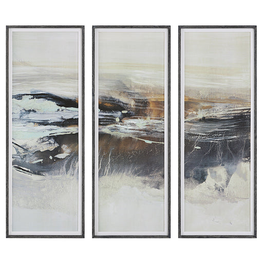 Set of three Uttermost Horizon framed canvas art prints in graphite and pearl silver, featuring modern abstract design.