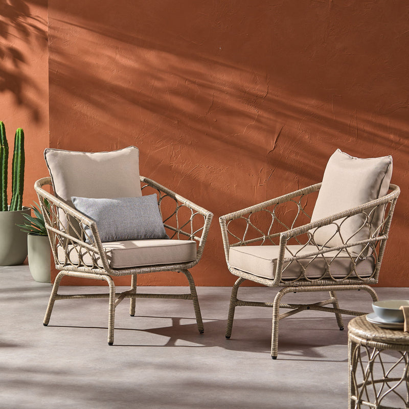 Noble House Bruce outdoor club chair set with brown rattan frames, water-resistant cushions and iron construction for patio relaxation.