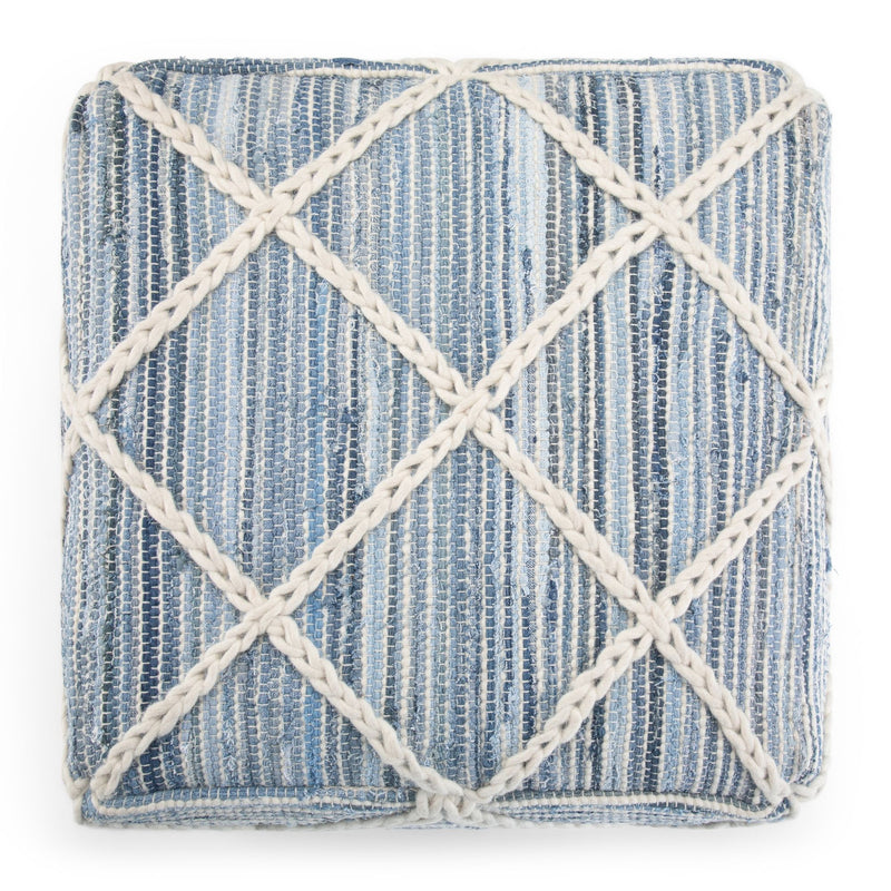 Simpli-Home Cowan handcrafted square accent pouf in neutral fabric, versatile seating or footstool for living space.