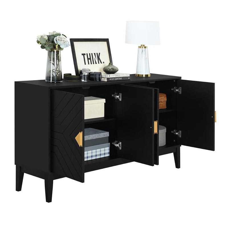 4 Door Sideboard Storage Cabinet For Living Room And Dining Room, 2 Large Cabinets With Gold Handles And Adjustable Shelf - Black - R&R Furniture Gallery (Fountain Valley, CA)