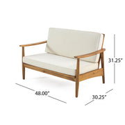 Outdoor acacia wood loveseat and coffee table set by Noble House, featuring a stylish 2-piece outdoor furniture set.