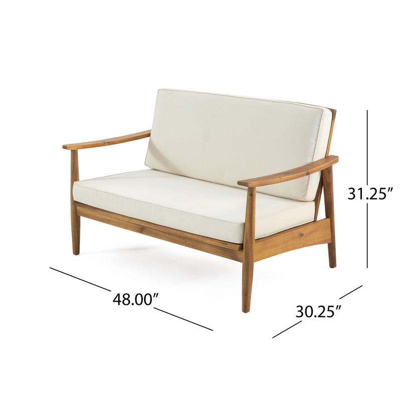 Outdoor acacia wood loveseat and coffee table set by Noble House, featuring a stylish 2-piece outdoor furniture set.