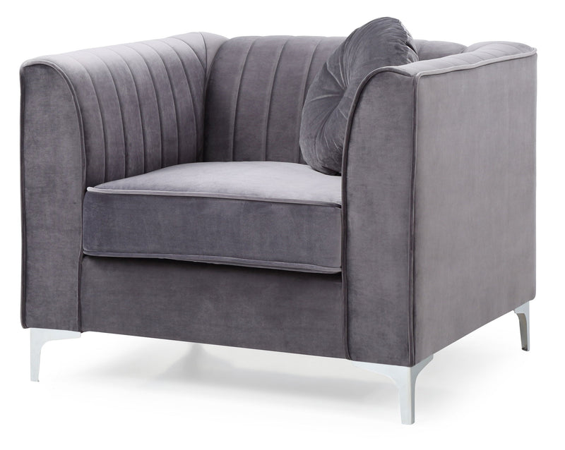 Contemporary sloped armchair by Glory Furniture with plush fabric upholstery and sleek modern design in a living room setting.