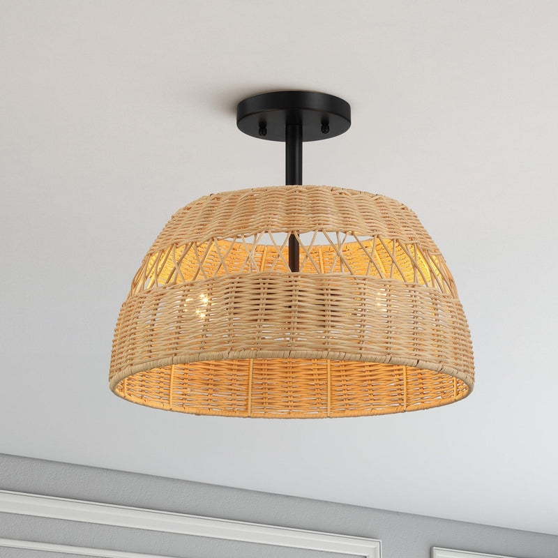 Twinkle - Double Lights Semi Flush With Shade - Black / Rattan - R&R Furniture Gallery (Fountain Valley, CA)