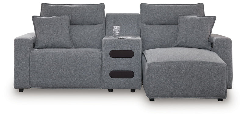 Signature Design by Ashley Modmax II reclining sectional in salt and pepper fabric, featuring plush cushions and multiple reclining seats.