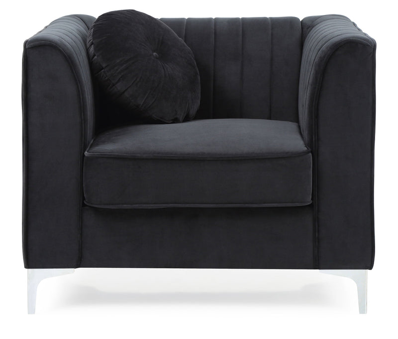 Contemporary sloped armchair by Glory Furniture with plush upholstery and modern design, shown from a side view.
