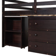 DreamHaus loft low study bed with cabinet, shelves, and rolling desk, featuring a modern multi-function design for compact spaces.