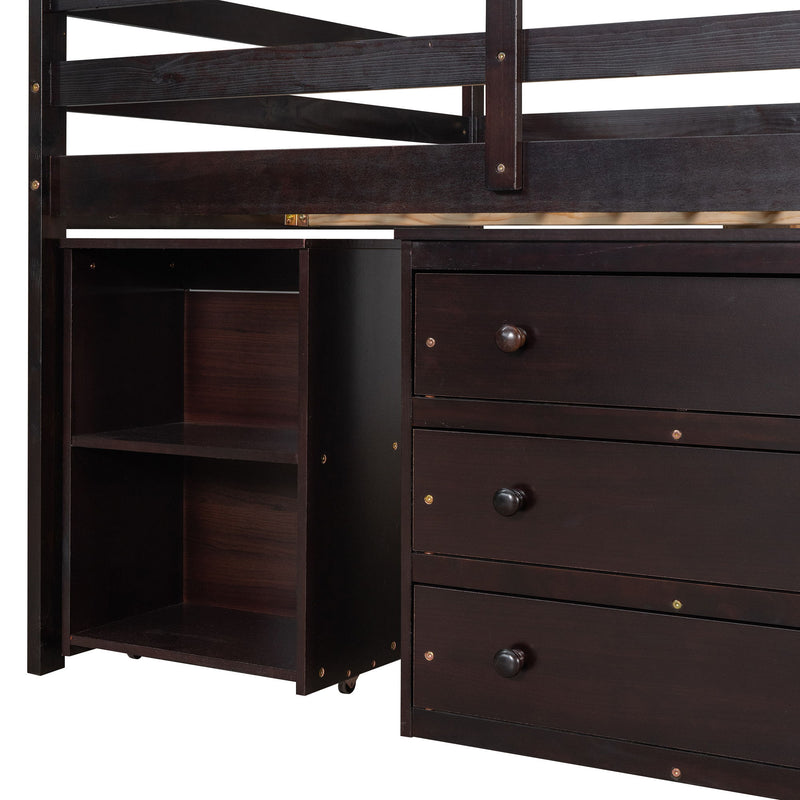 DreamHaus loft low study bed with cabinet, shelves, and rolling desk, featuring a modern multi-function design for compact spaces.