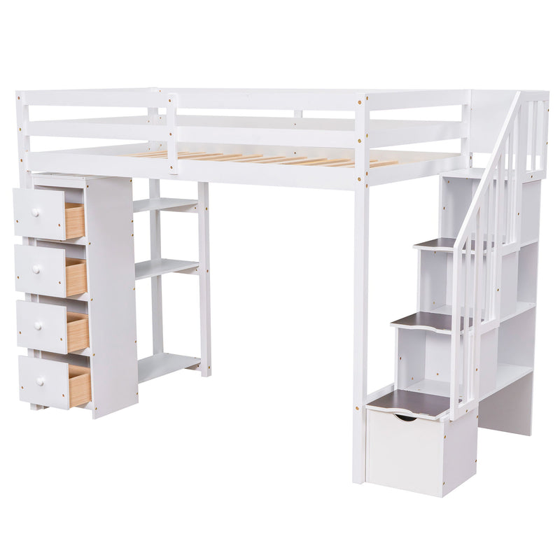 DreamHaus loft bed with built-in storage drawers, stairs with shelves, and a sturdy wooden frame for compact bedroom organization.