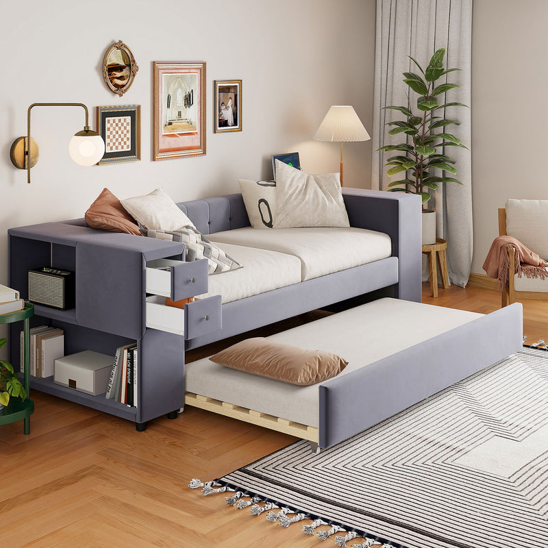 Upholstered Bed With Storage And Twin Trundle, USB Charging Ports - R&R Furniture Gallery (Fountain Valley, CA)