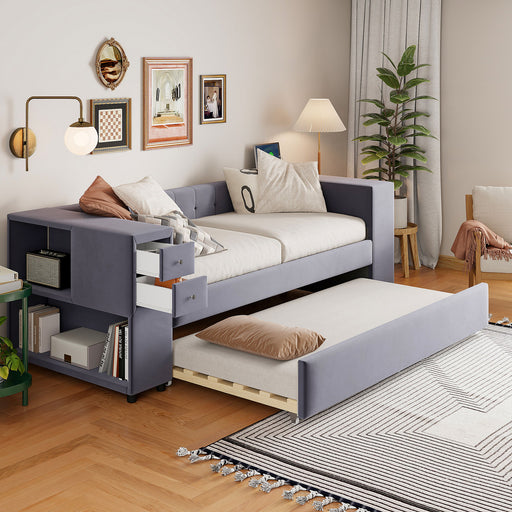 Upholstered Bed With Storage And Twin Trundle, USB Charging Ports - R&R Furniture Gallery (Fountain Valley, CA)