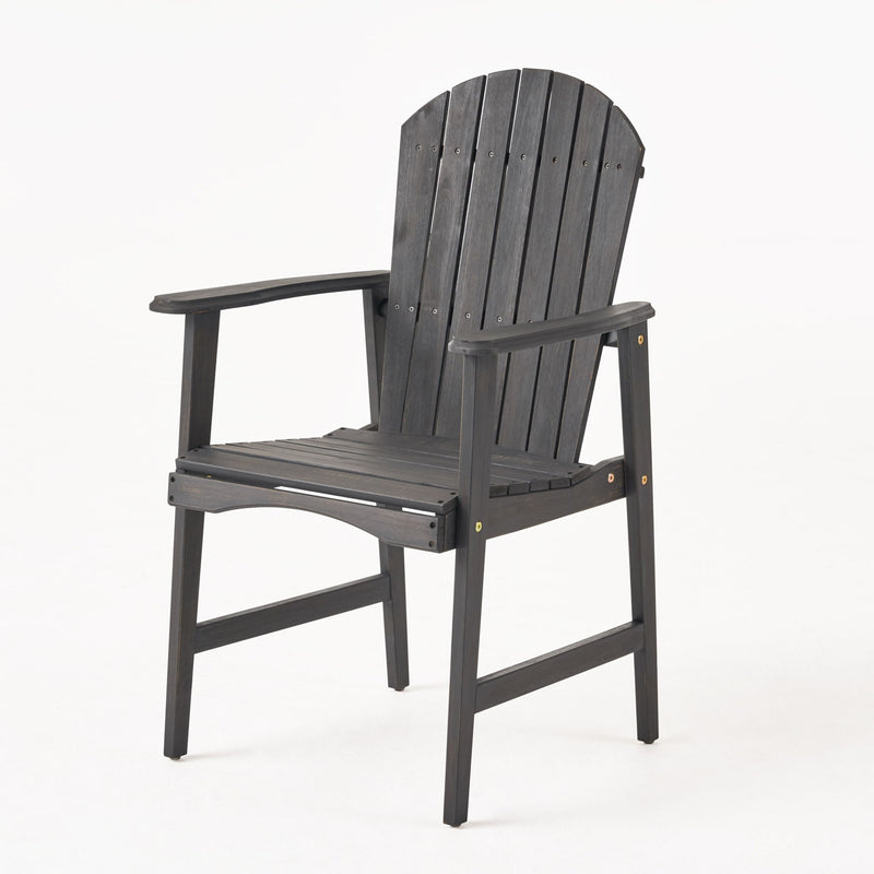 Pair of Noble House outdoor weather-resistant acacia wood Adirondack dining chairs set, featuring wide armrests and slatted design.