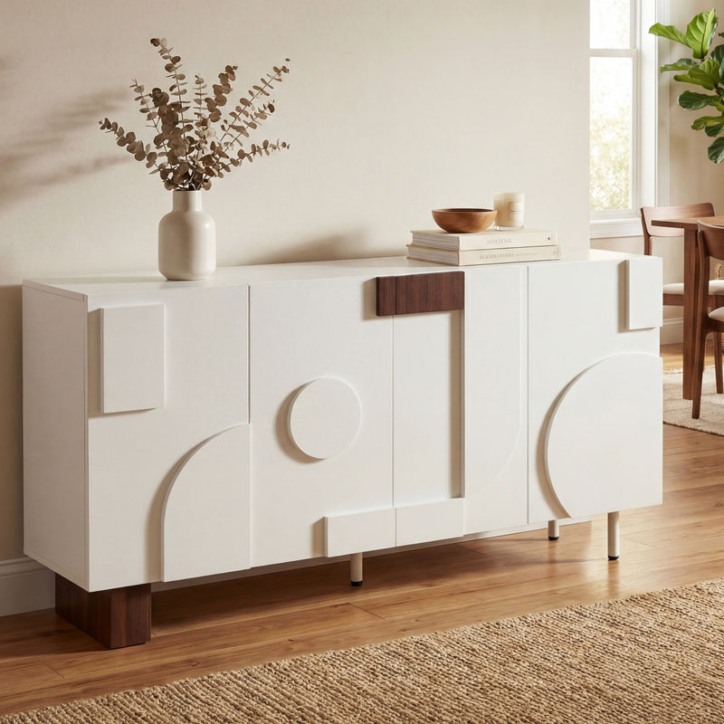 White Noble House sideboard buffet cabinet with 4 doors and adjustable shelves, wide storage unit for modern home decor.