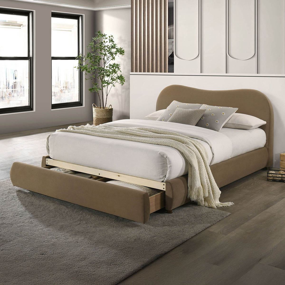 Grimsby - Queen Bed, Brown Velvet