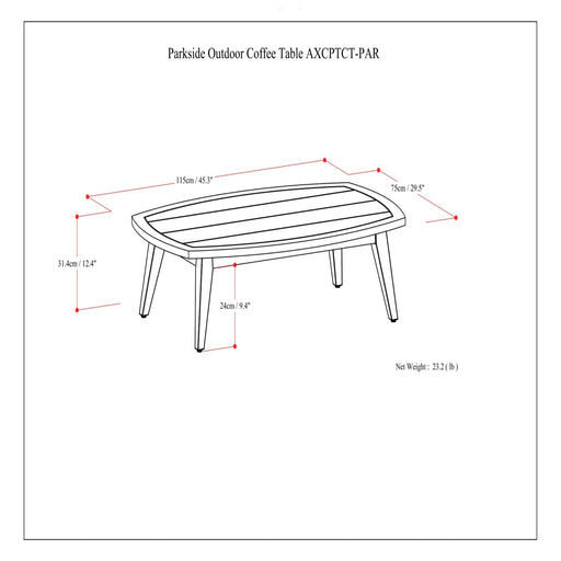 Simpli-Home Parkside outdoor coffee table in light teak wood, ideal for patio or garden seating areas.