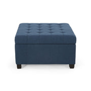 Noble House Isabella contemporary storage ottoman with padded top and wooden legs, ideal for living room seating and storage.