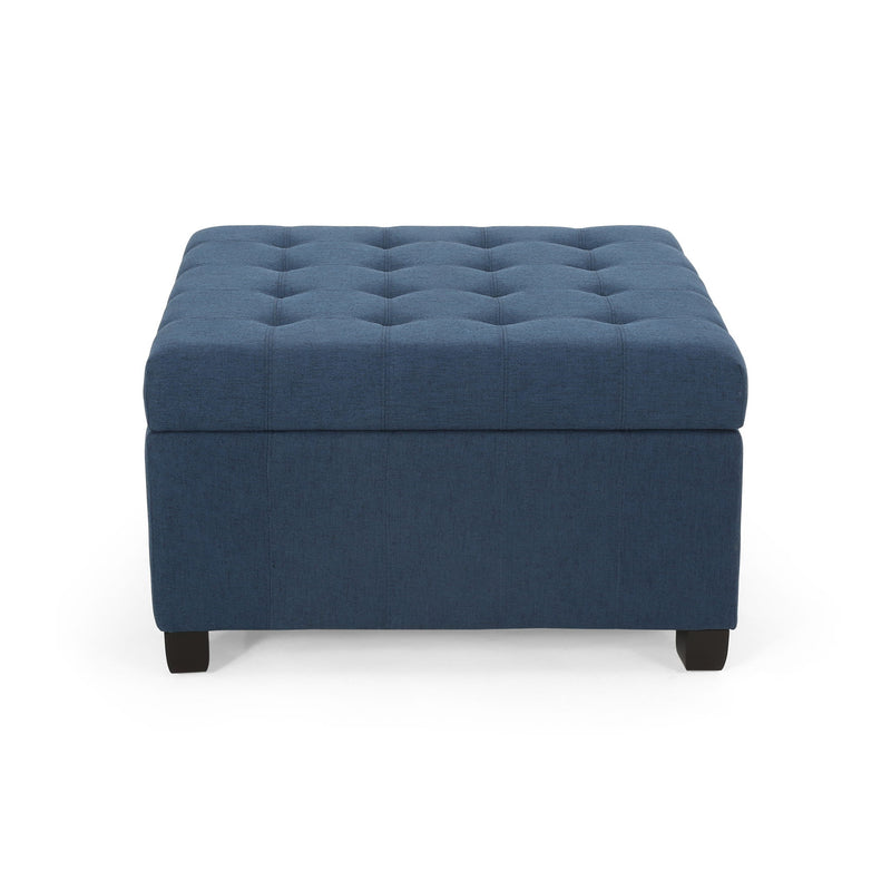 Noble House Isabella contemporary storage ottoman with padded top and wooden legs, ideal for living room seating and storage.