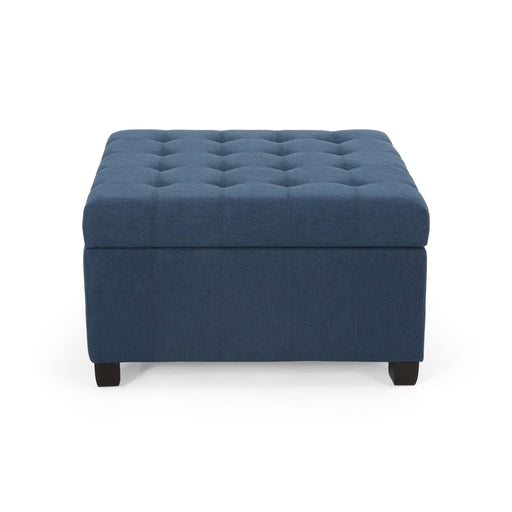 Noble House Isabella contemporary storage ottoman with padded top and wooden legs, ideal for living room seating and storage.