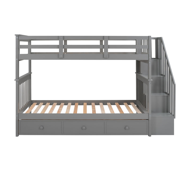DreamHaus stairway bunk bed with built-in storage drawers and safety guard rail for bedrooms, featuring a modern wooden design.
